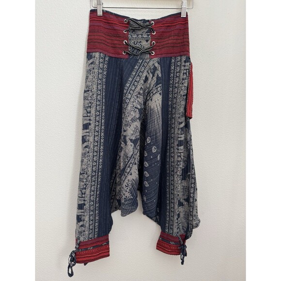 HAREM PANTS BALLOON LEG Boho Pull On Hippie Baggy Womens M Blue Red Print Cute - Picture 1 of 7